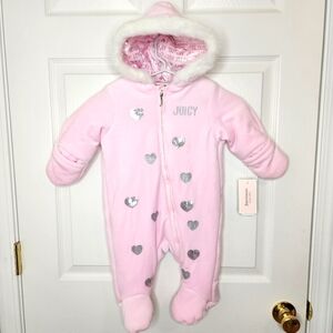 Baby Juicy Couture Winter Suit Bunting Pink Silver Sequin Heart Fur Hood NWT